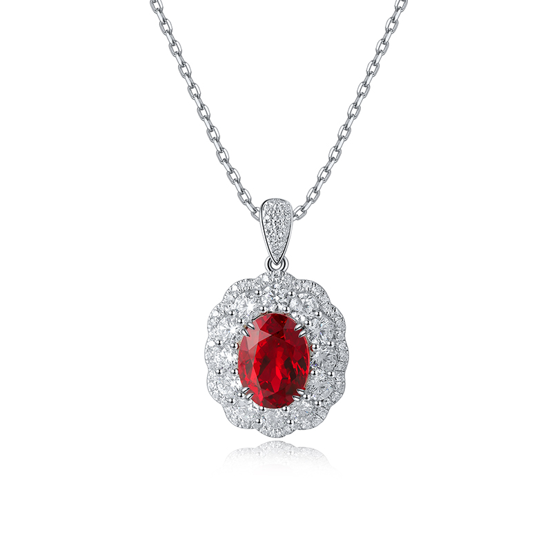 S925 Silver 5.2g Lab-Created Ruby Necklace, 10x7mm Halo Pendant, 40&5cm, GRA Certified
