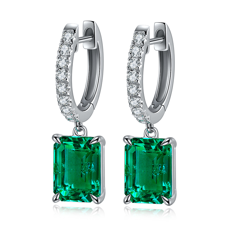 S925 Silver 2.7g Lab-Created Emerald Drop Earrings, 8x6mm 2pcs, 40&5cm, GRA Certified