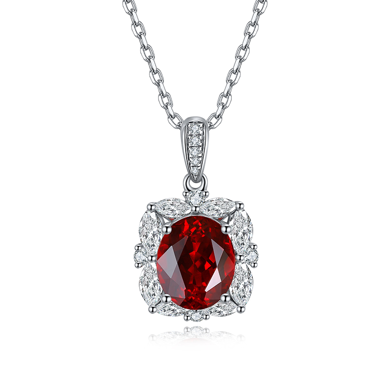 S925 Silver 3.9g Lab-Created Ruby Necklace, 10x8mm Oval Halo Pendant, 40&5cm, GRA…