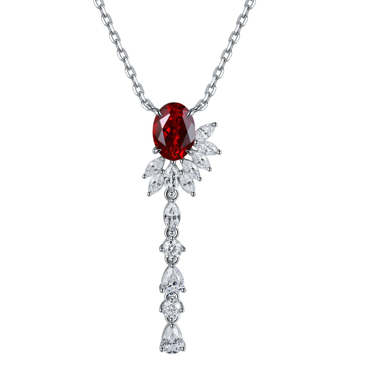 S925 Silver 4.3g Lab-Created Ruby Paraiba Lariat Necklace, 6.5x9mm, 40&5cm