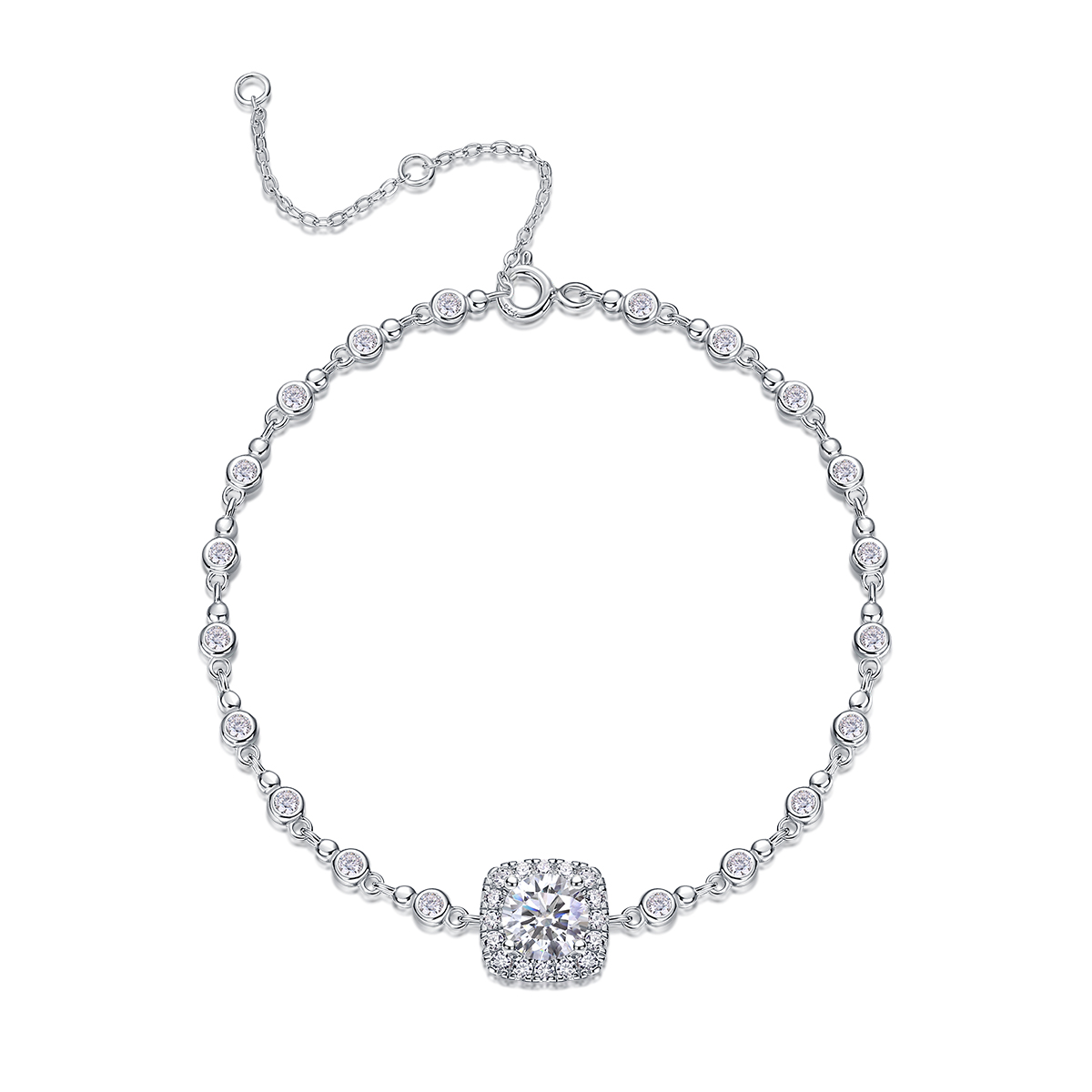 S925 Silver 1ct Cushion Halo Moissanite Bracelet, D VVS1 16&5cm Adjustable, GRA Certified
