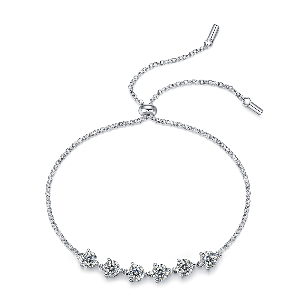 S925 Silver 2.6g Adjustable Bolo Bracelet, 6x 0.5ct D VVS1 Moissanite, 19cm, GRA Certified