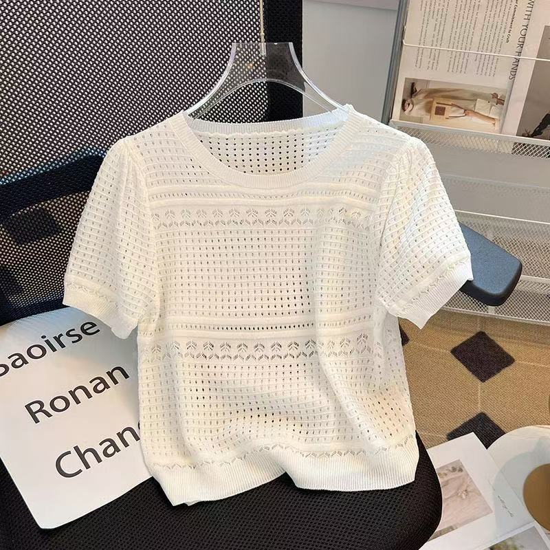 Figure-flattering Round-neck Chanel-style Hollow-out Short-sleeve Top