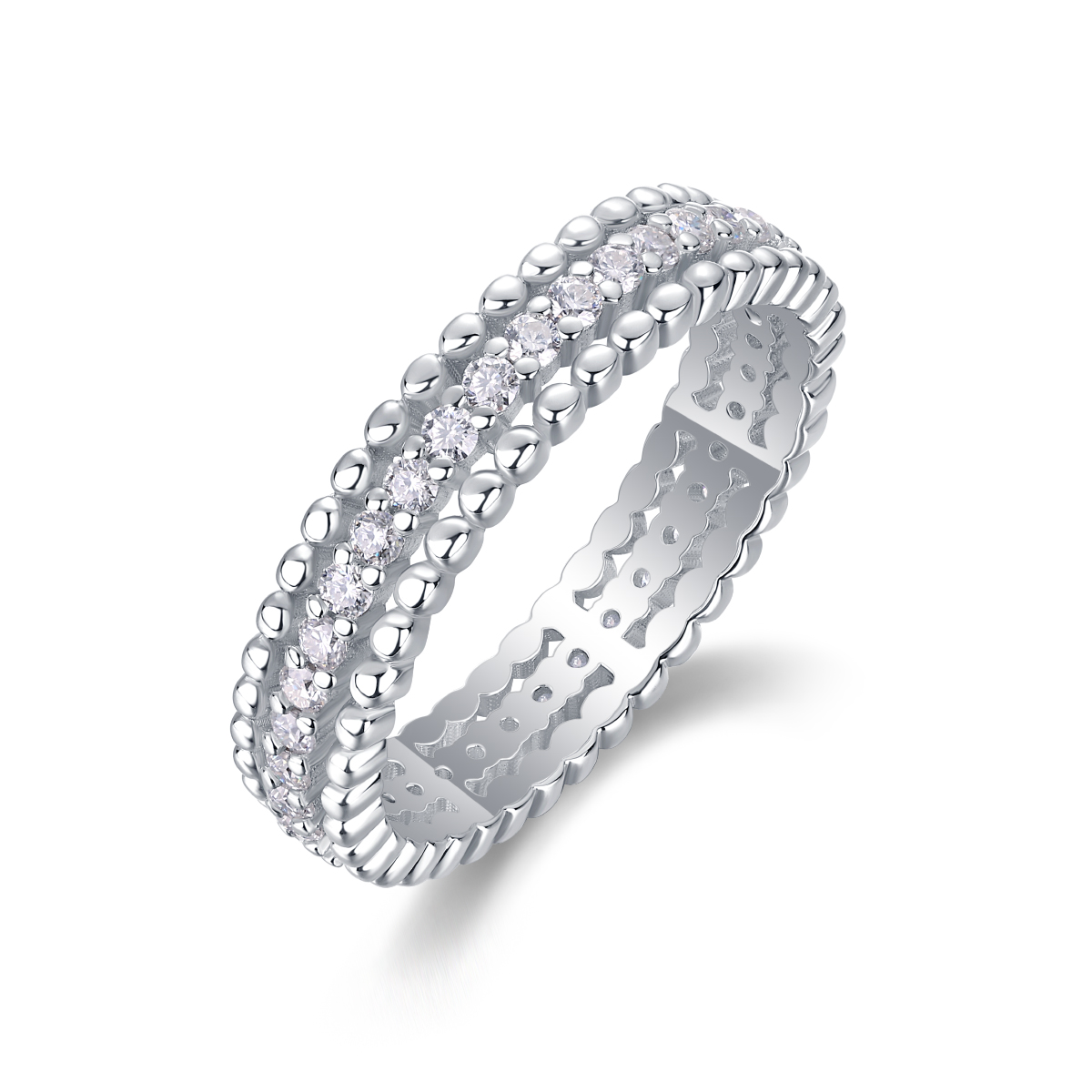 S925 Silver 2.4g Platinum Plated Moissanite Ring, 4.3mm Beaded & Pave Band, D VVS1 GRA US…