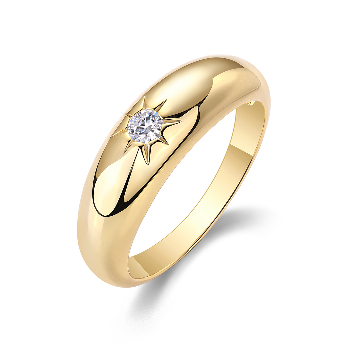 S925 Silver 3.2g Gold Plated Moissanite Ring, 6.35mm Star Setting Dome, D VVS1 GRA US 5-9