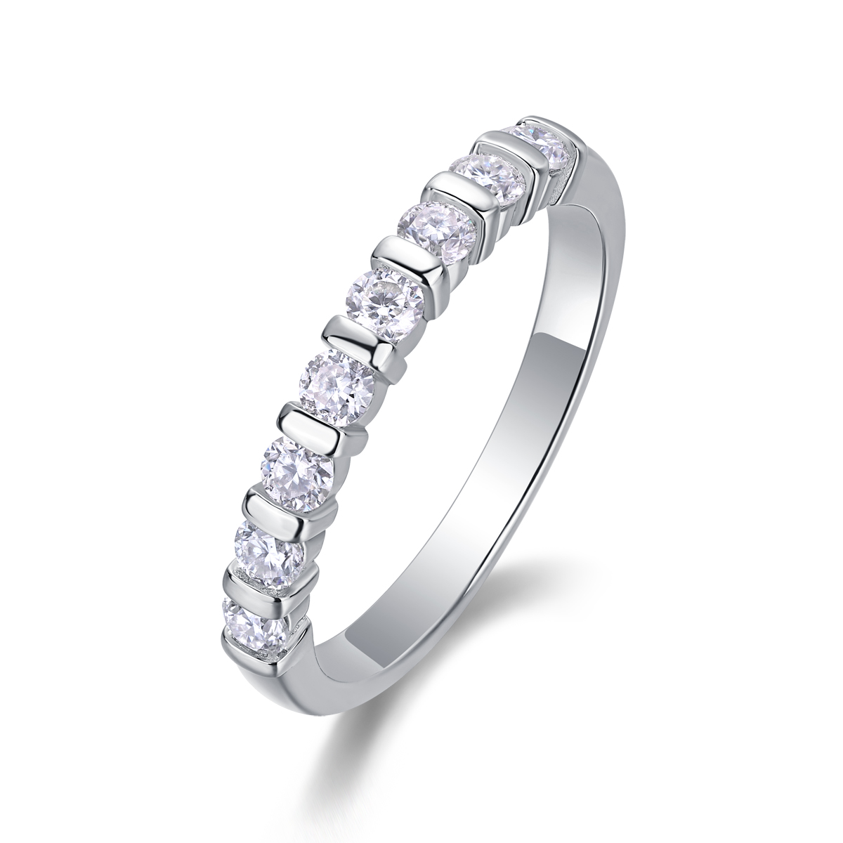 S925 Silver 2.1g Platinum Plated Moissanite Ring, 2.8mm 8pcs D VVS1 Half Eternity Band…