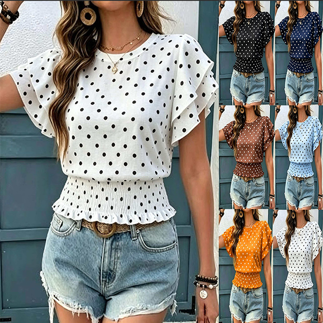 Spring Summer Temu New European And American Round Neck Printed Polka Dot Gathered Short…