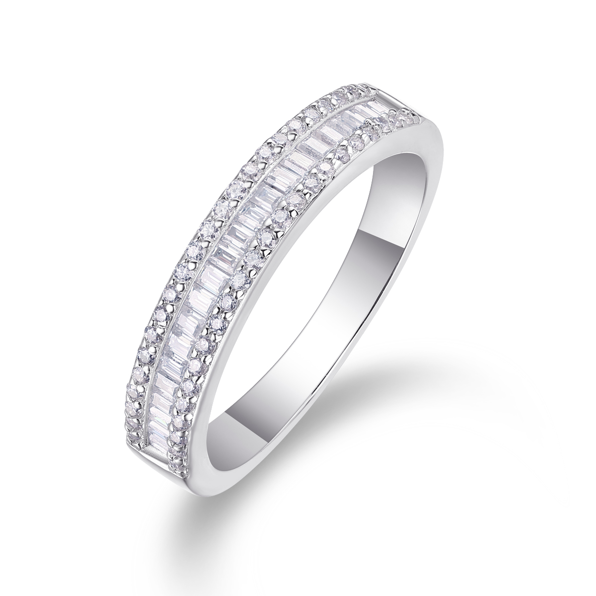 S925 Silver 2.8g Platinum Plated Moissanite Ring, 4.5mm Baguette & Round Pave Band, GRA…