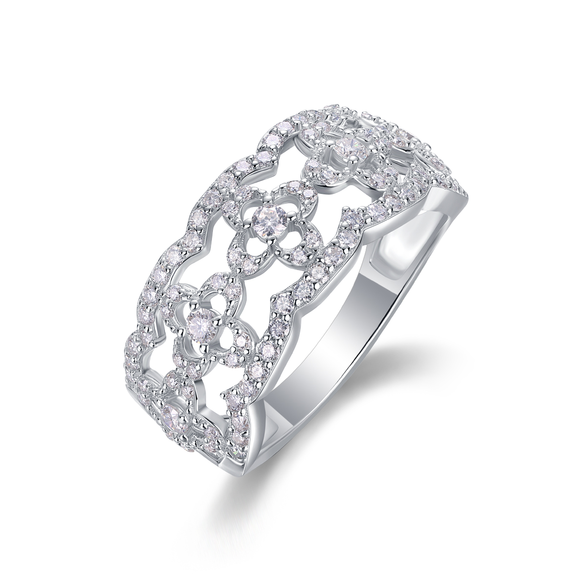 S925 Silver 3.3g Platinum Plated Moissanite Ring, 10mm Vintage Floral Filigree Band, GRA…