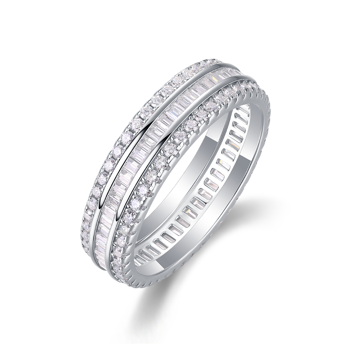 S925 Silver 2.8g Platinum Plated Moissanite Eternity Ring, 5.0mm Baguette & Round Cut…