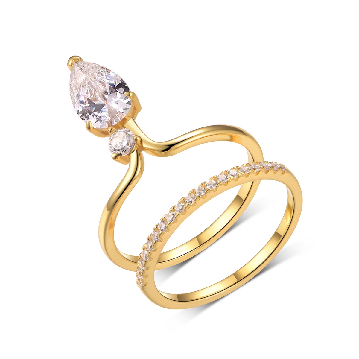 S925 Silver Gold Plated 6x9mm Pear Moissanite Bridal Ring Set D Color VVS1 Wave Pave Band…