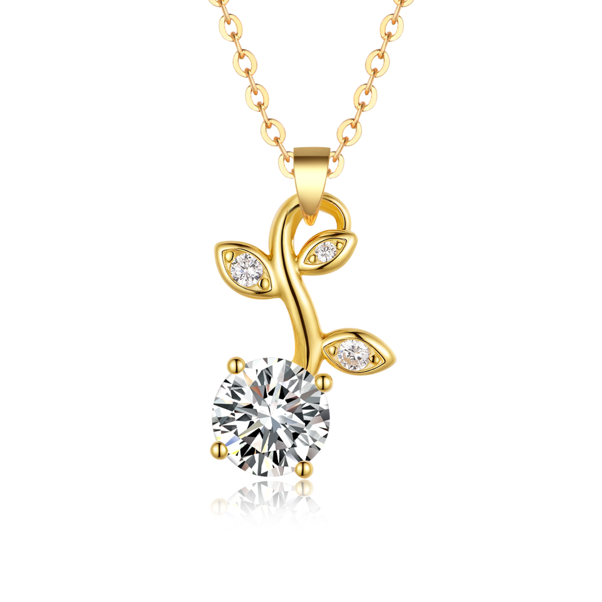 S925 Silver Gold Plated Moissanite Leaf Necklace, 7.0mm 1.2CT D VVS1 Round Stone, GRA Certified 45cm Chain