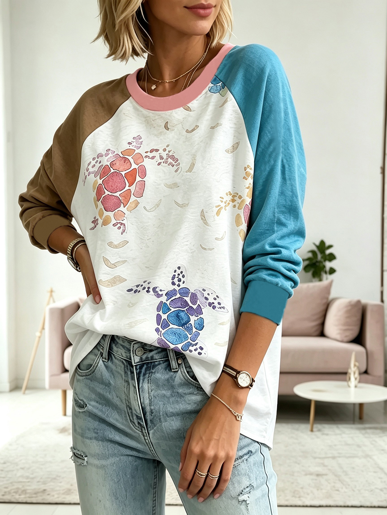 Women's Sea Turtle Print Raglan Sweatshirt Long Sleeve Casual Pullover Top