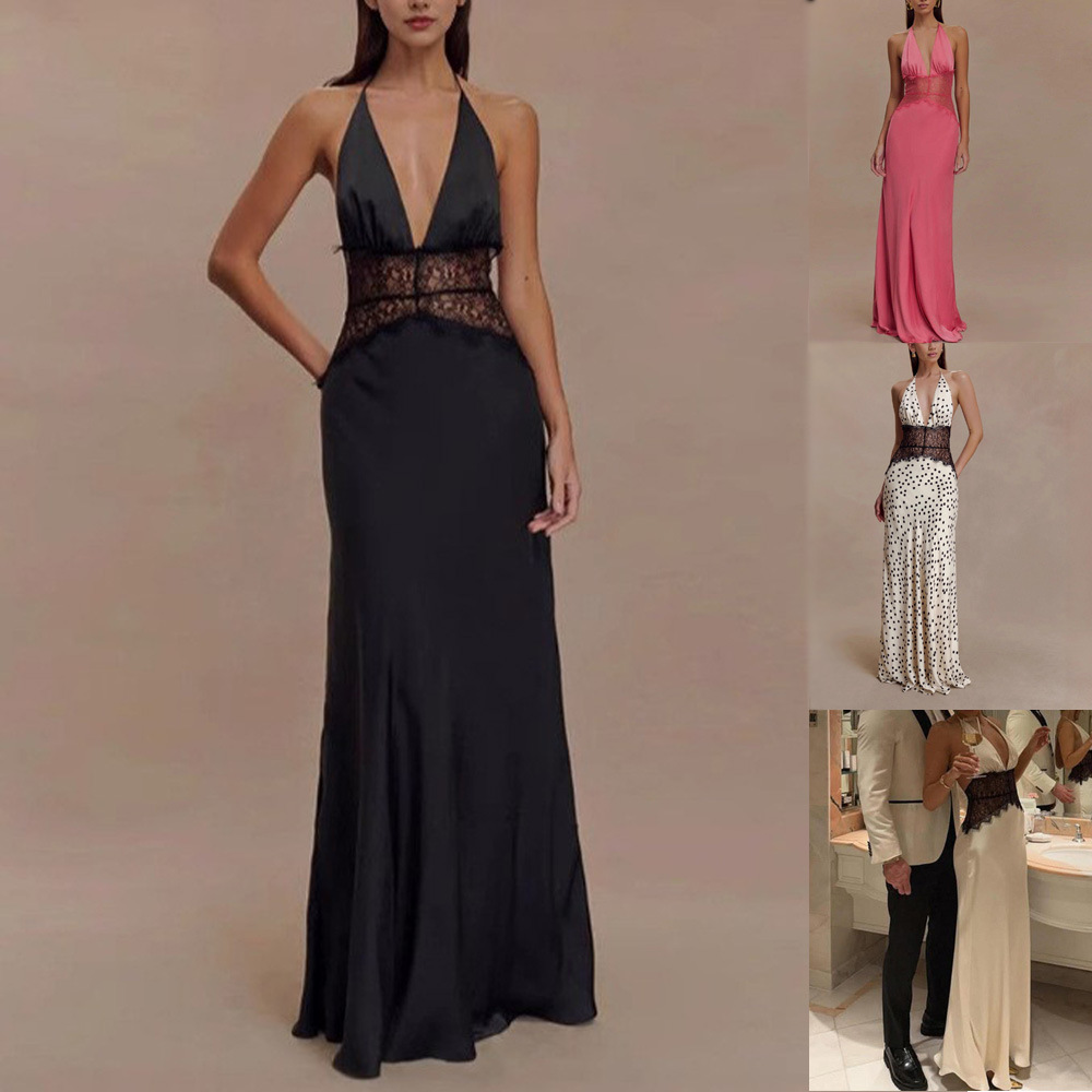 European And American Summer Elegant Deep V Silk Soft Satin Long Dress Stitching Neck…