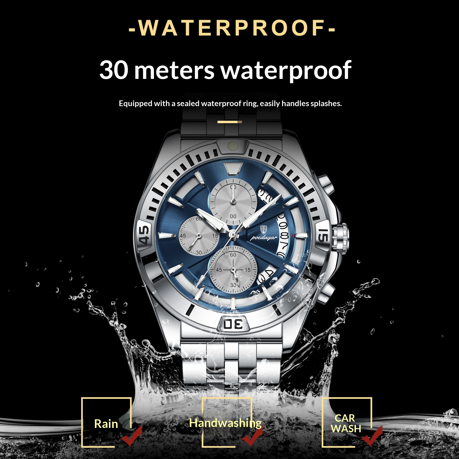 Multifunctional Dual-button Butterfly-clasp Waterproof Mens Watch