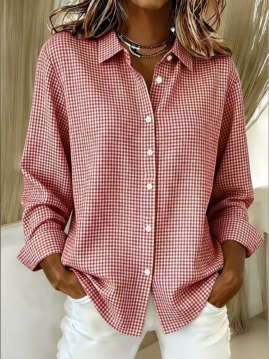 European And American New Women's Versatile Collared Long-Sleeve Plaid Shirt, European…