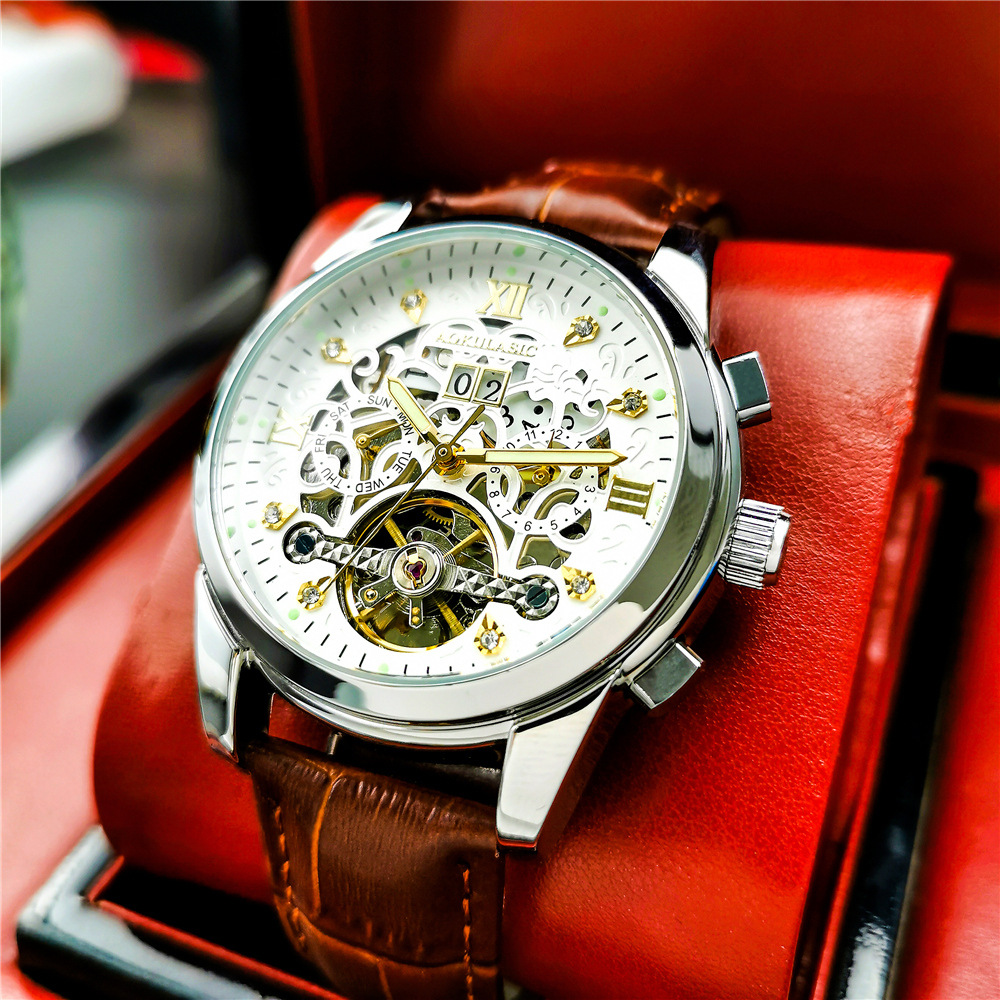 Mens Large-rotor Skeleton Automatic Mechanical Watch