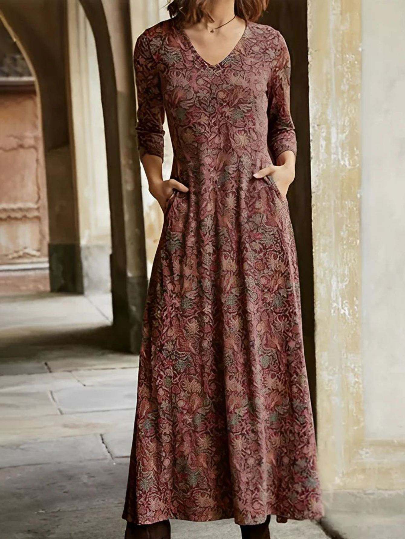 Women's Vintage Floral Print Maxi Dress V Neck Long Sleeve Casual Long Dress With Pockets…