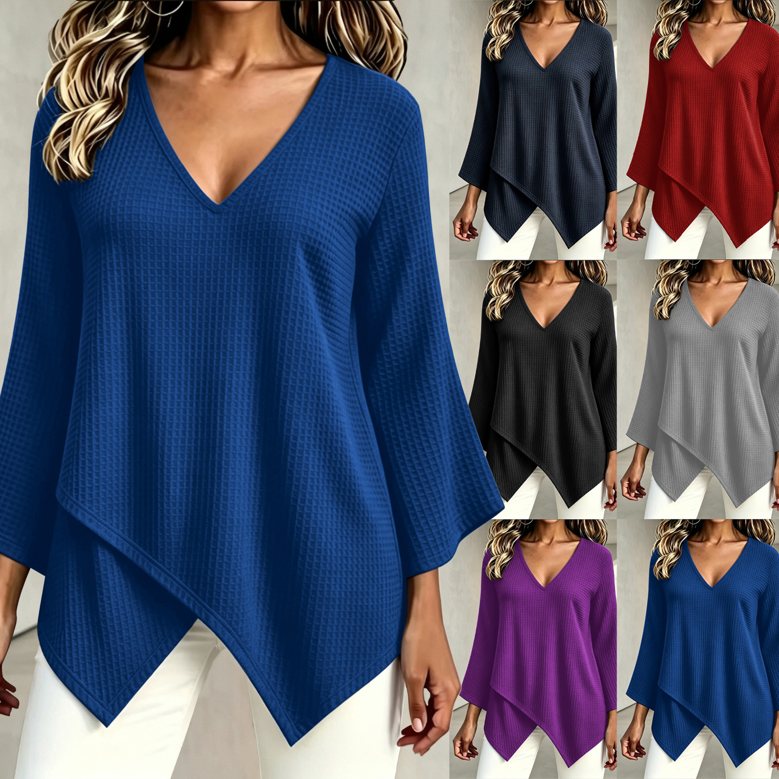 Autumn New European And American Fashion Solid Color Waffle Pattern Women's Long-Sleeve…