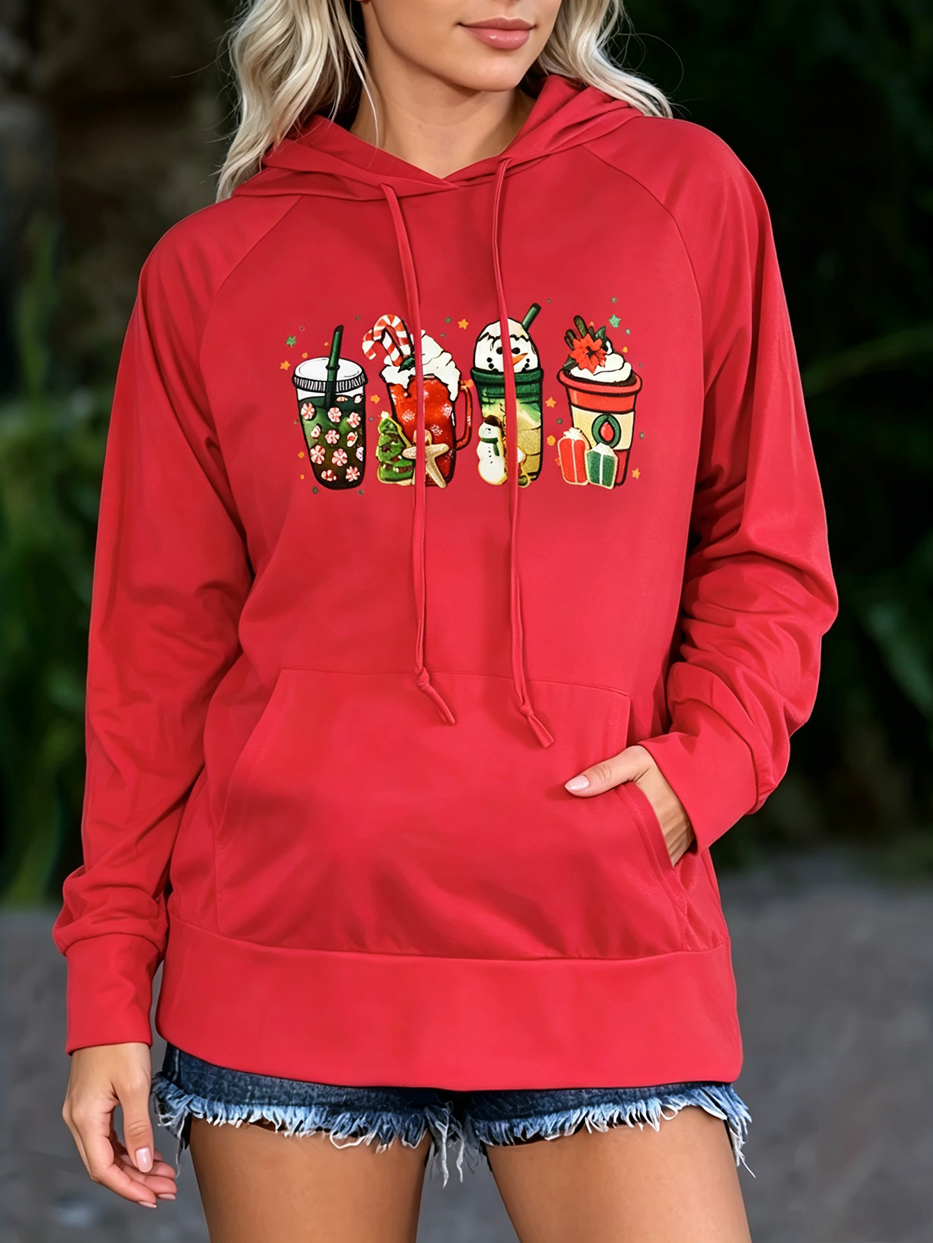 Women Christmas Coffee Cup Graphic Hoodie Drawstring Raglan Long Sleeve Kangaroo Pocket…