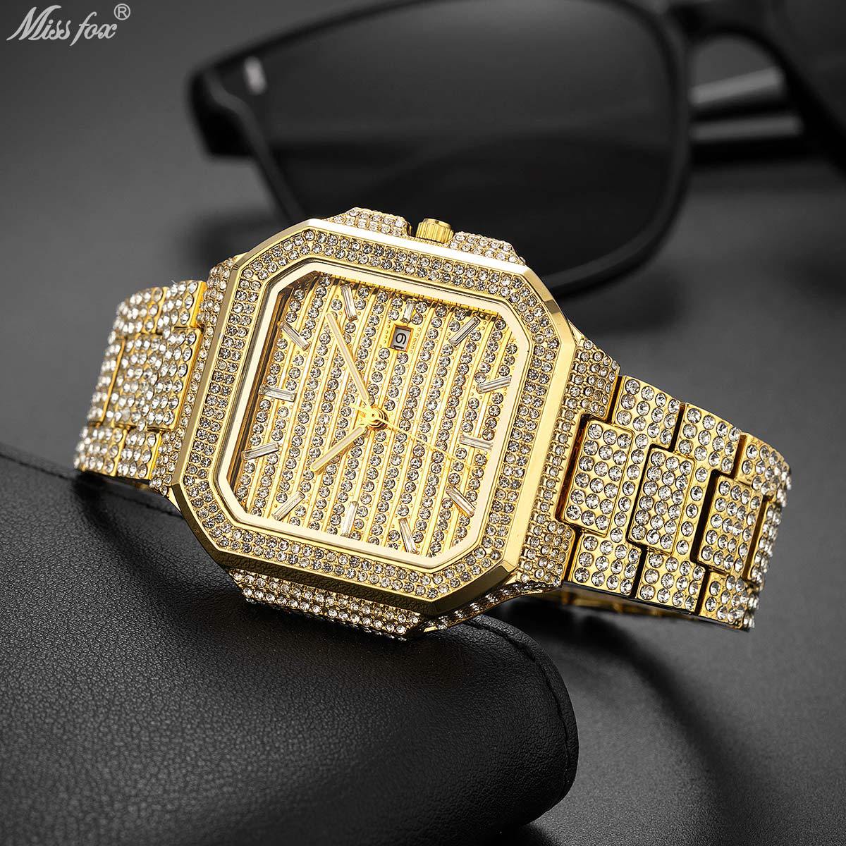 Mens Fashionable Square Diamond-Encrusted Quartz Watch