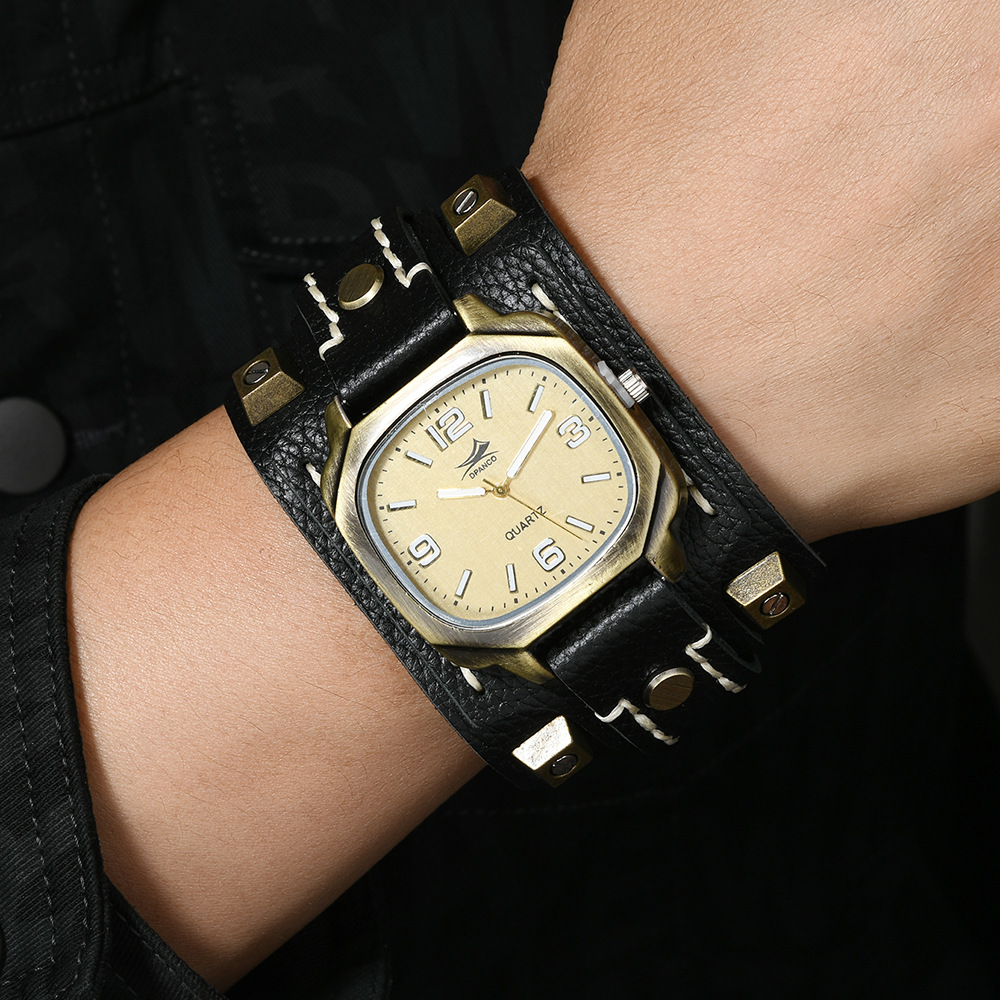 Vintage Studded Leather Watch Bracelet Adjustable Hand-stitched Cuff