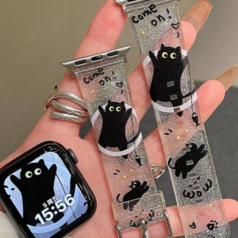 Glittery Black Kitten Cute New Transparent Silicone Watch Strap