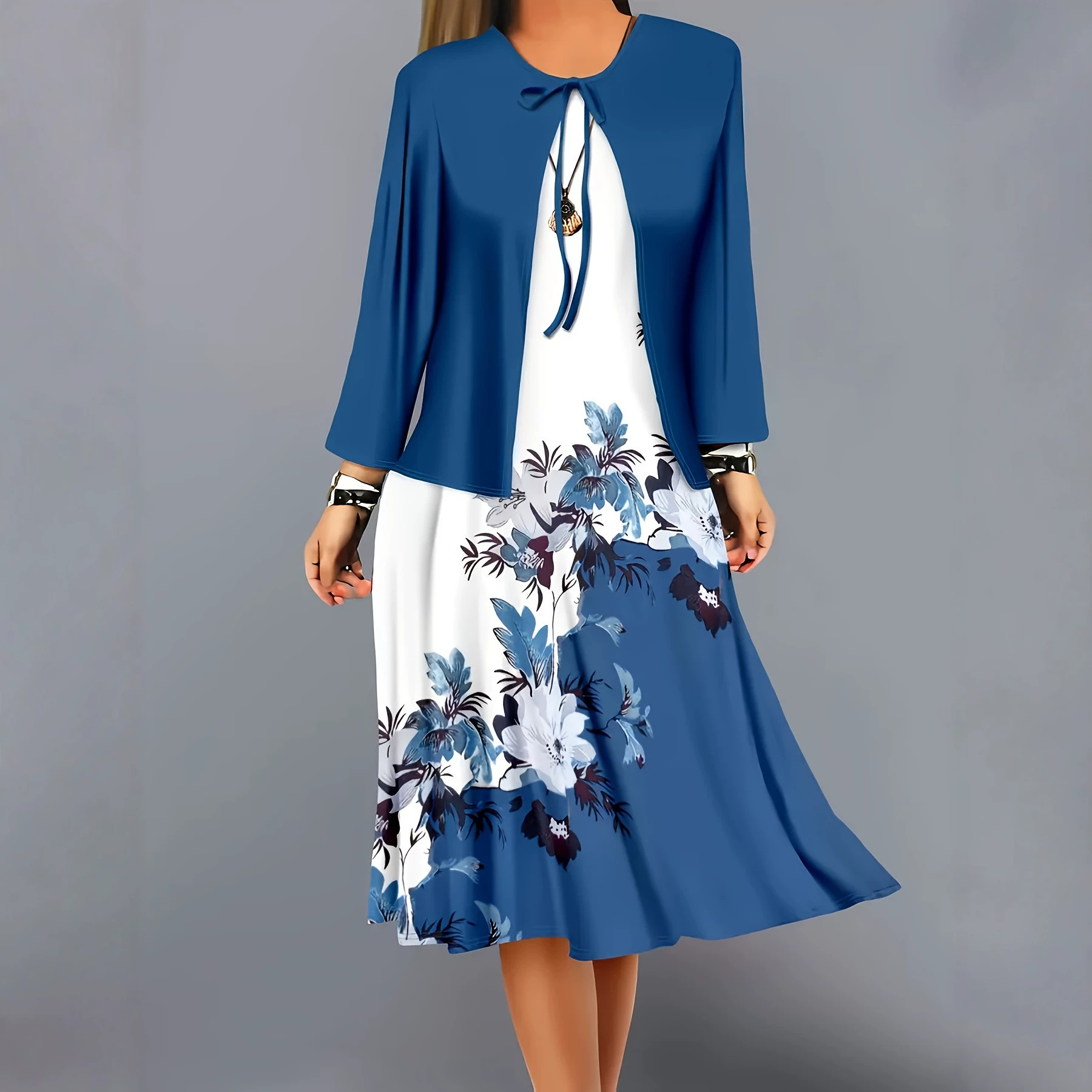 Seven-quarter-sleeve Dress With Shawl Vintage-style Elegant Set