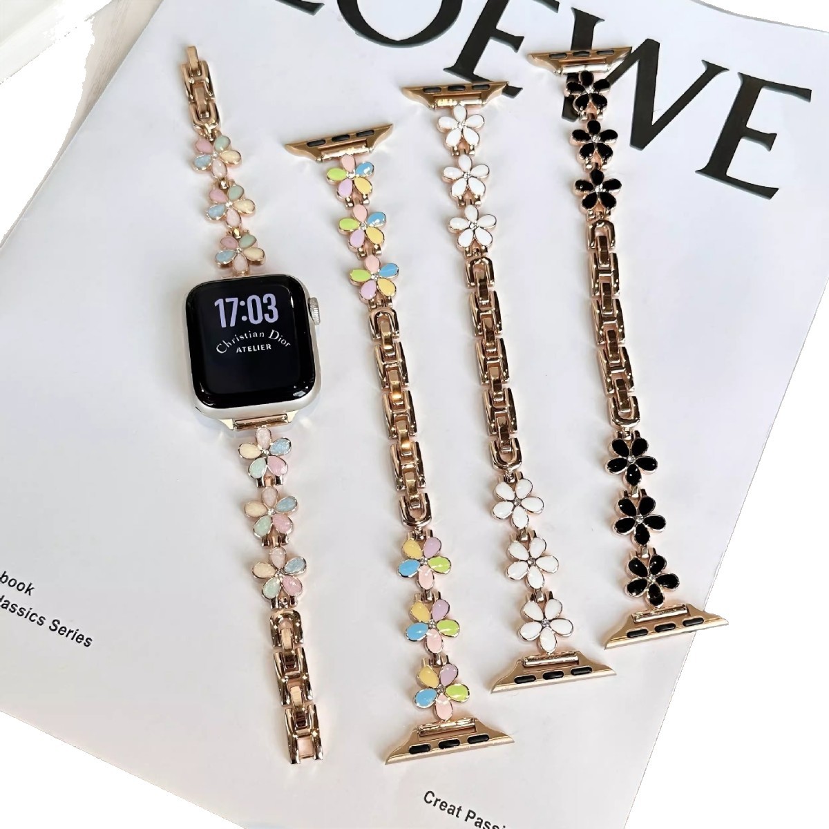 Five-petal Flower Pattern With Gold-embossed Resin And Metal Bracelet Strap