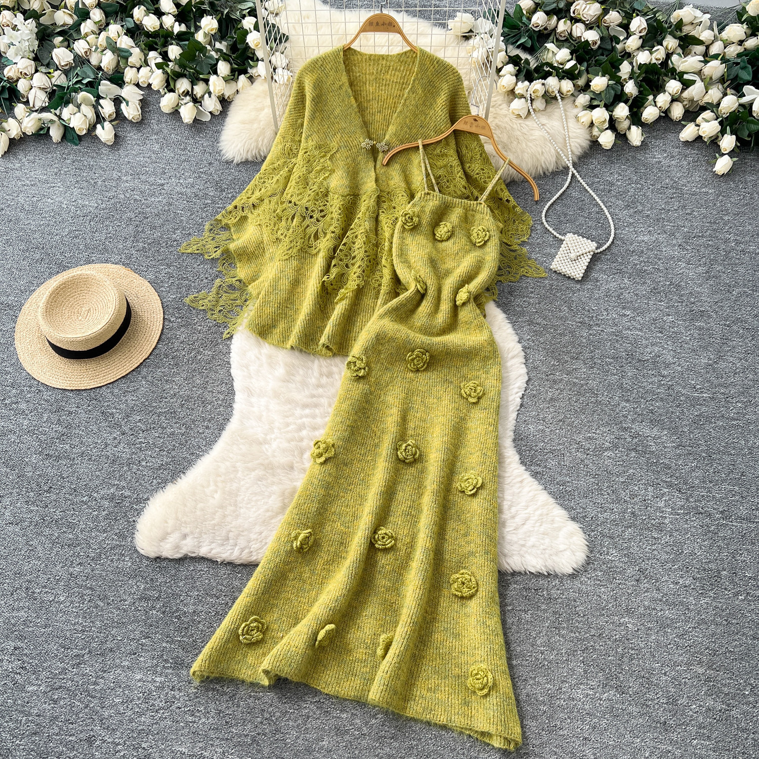 Lace-panel Cardigan And Camisole Dress Set With Three-dimensional Floral Accents