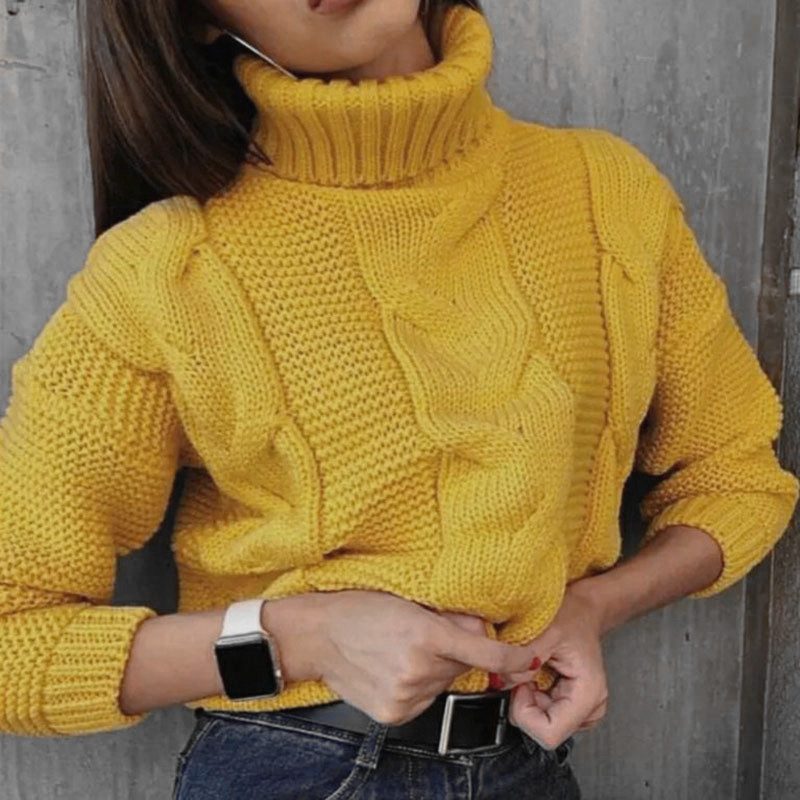 Women's Turtleneck Solid-Color Cable-Knit Pullover Casual Loose Sweater
