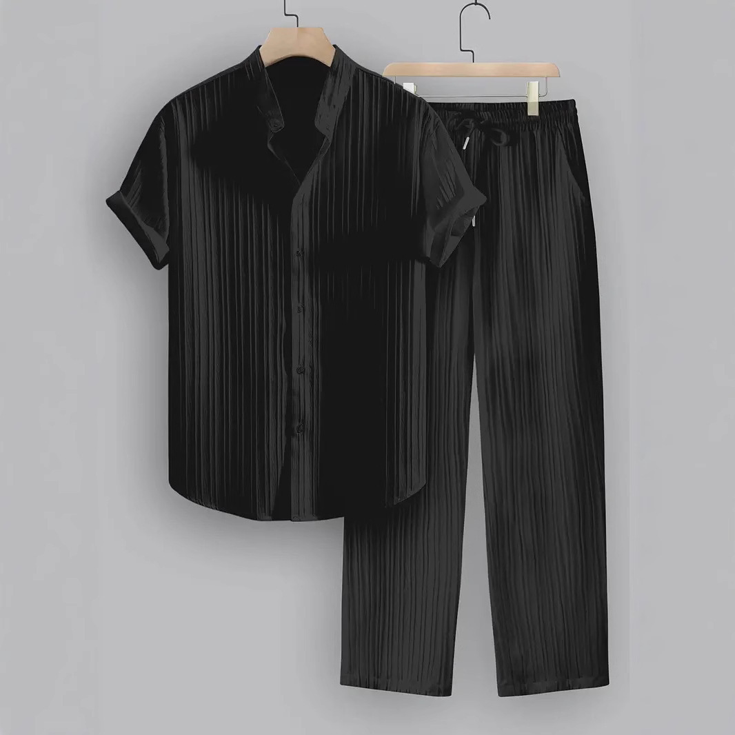 Independent Site Men's Striped Short-Sleeve Shirt With Buttoned Lapel And Drawstring Long…