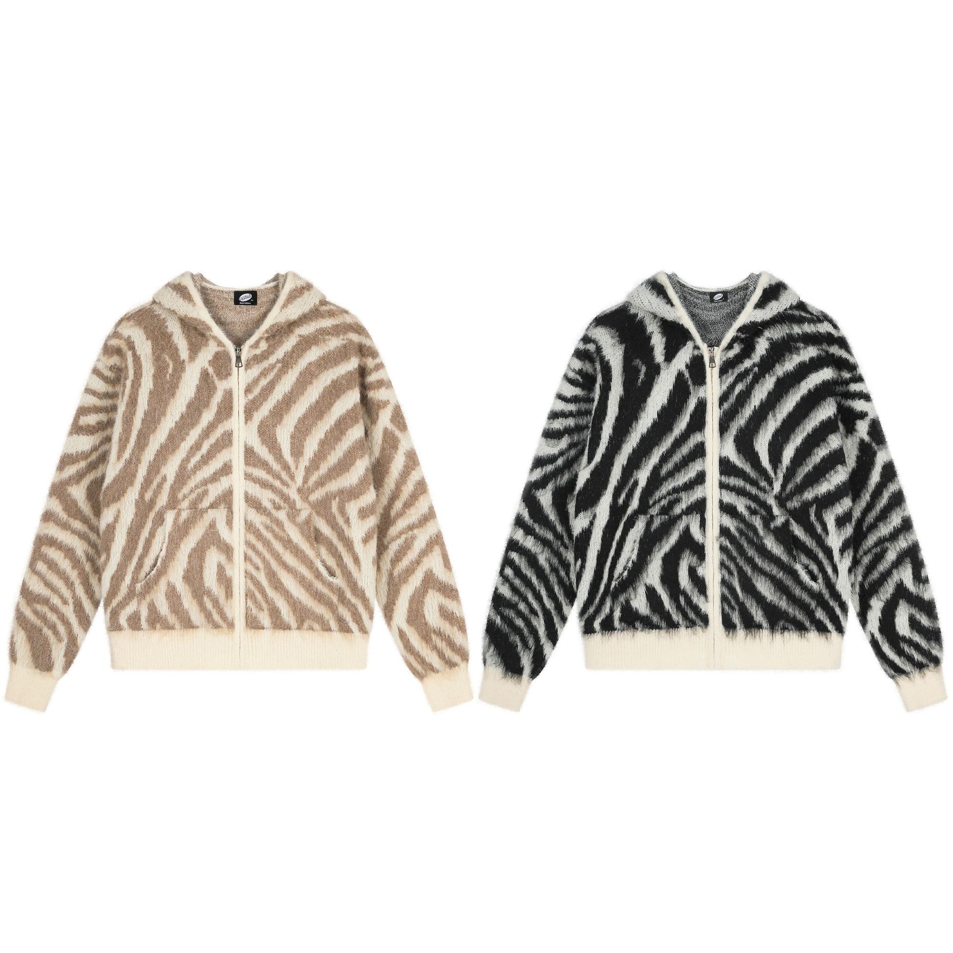 Retro Zebra-print Hooded Zip-up Sweater Jacket