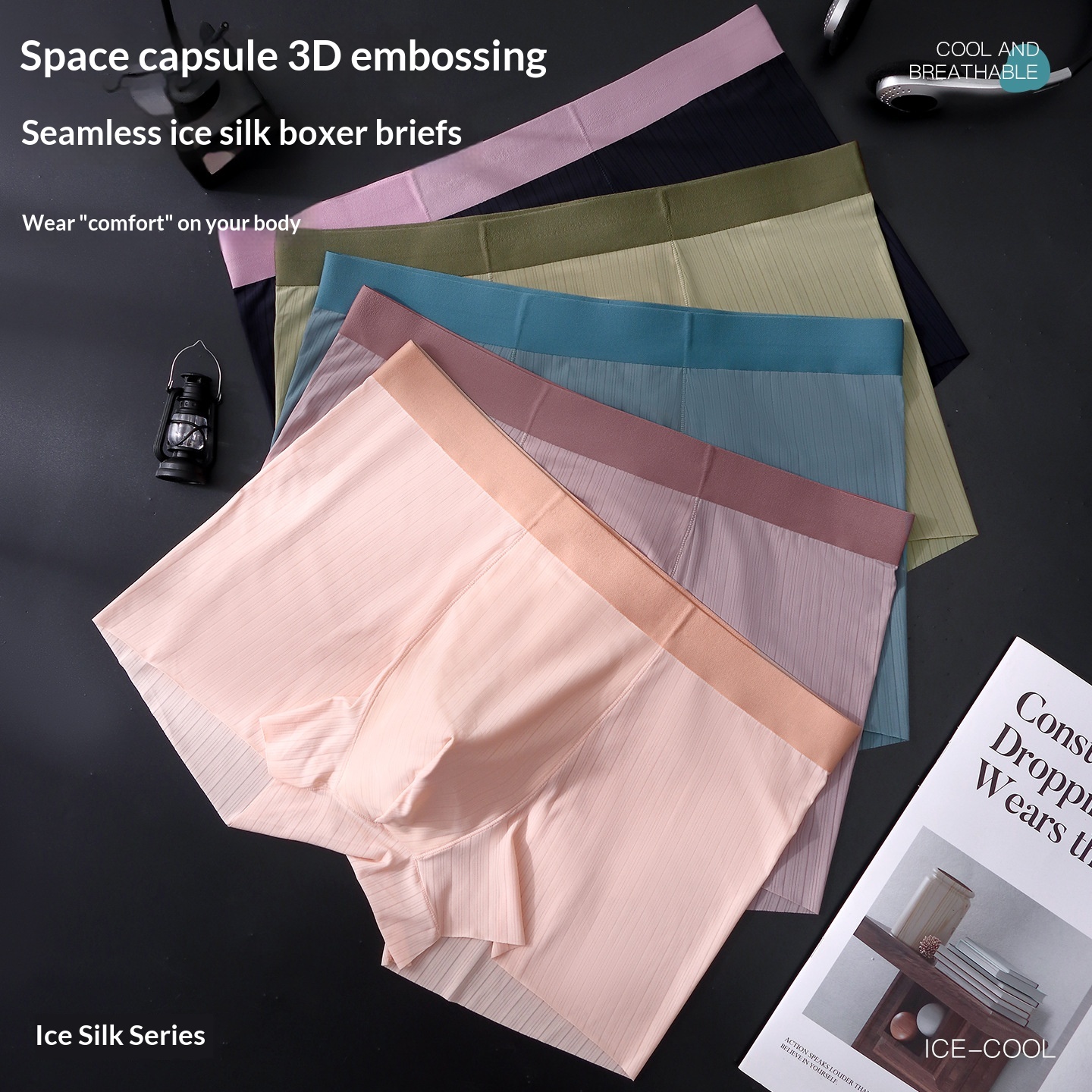 Mens Summer Ice-silk Seamless Boxer Briefs High Elasticity