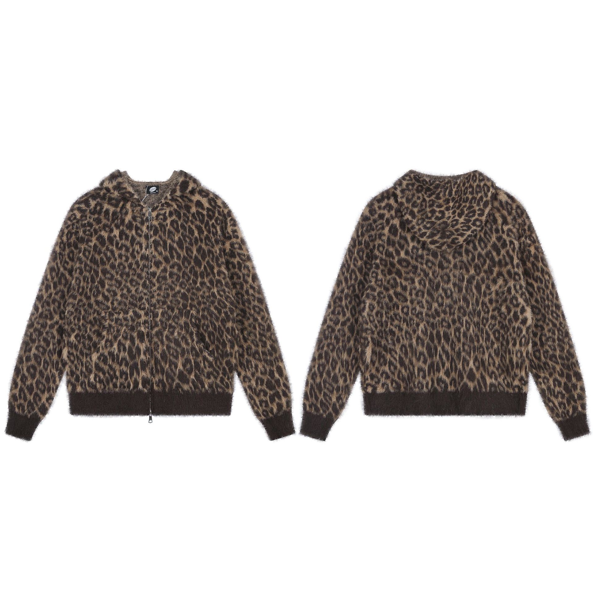Retro-style Leopard-print Hooded Zip-up Sweater For Women
