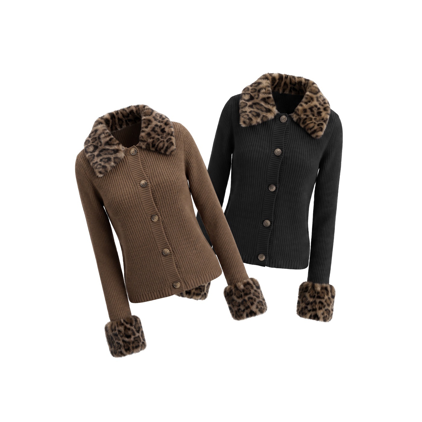 Women's Leopard-Print Fur-Trimmed Knitted Long-Sleeve Sweater