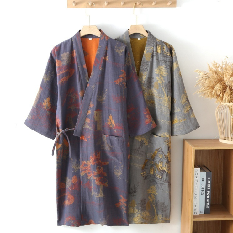 Japanese-style Pure Cotton Jacquard Kimono-style Pajama Robe For Couples