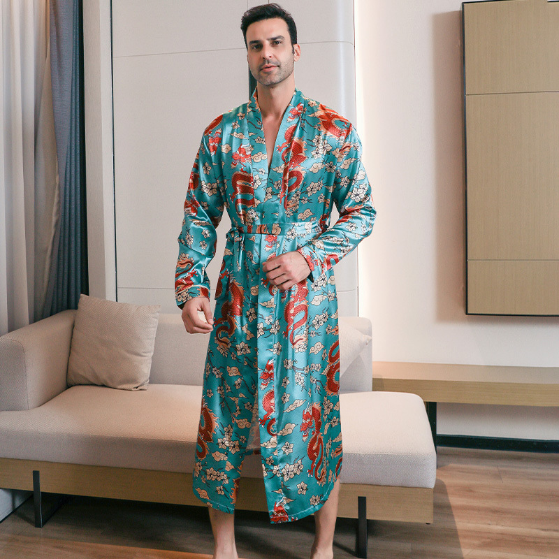 Summer Ice-silk Long-style Wearable Ice-silk Youth Long-sleeve Loungewear Mens Nightgown…
