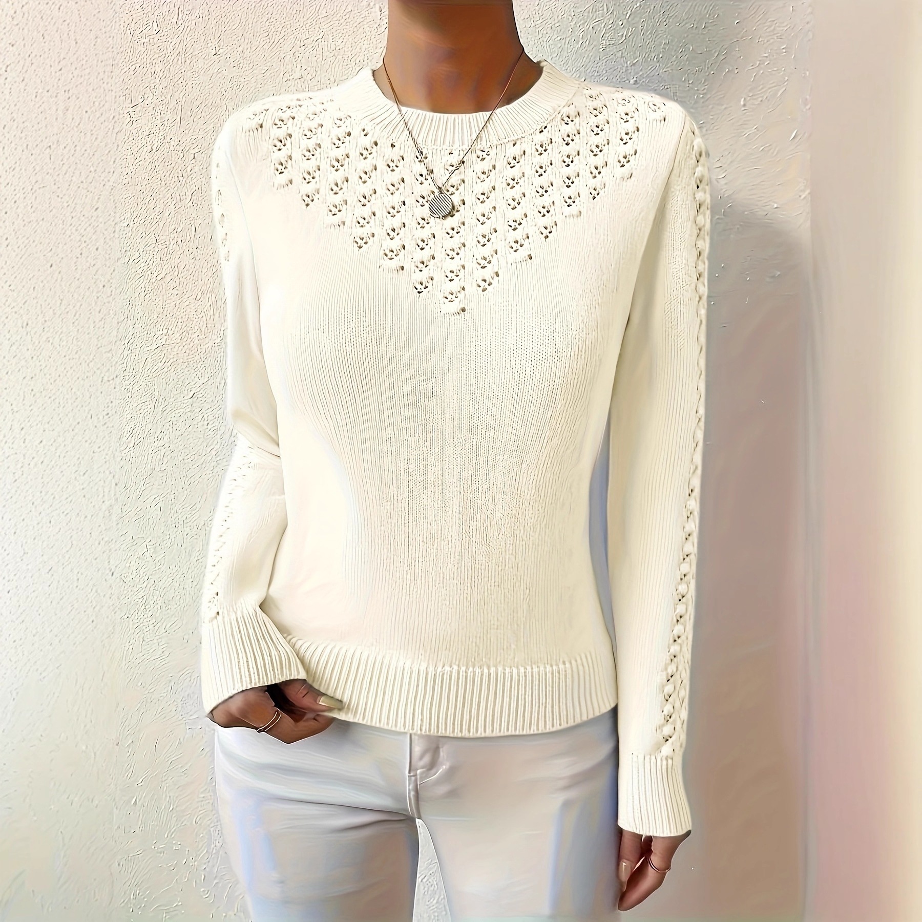 Solid-color Hollow-out Knit Crew-neck Long-sleeve Sweater