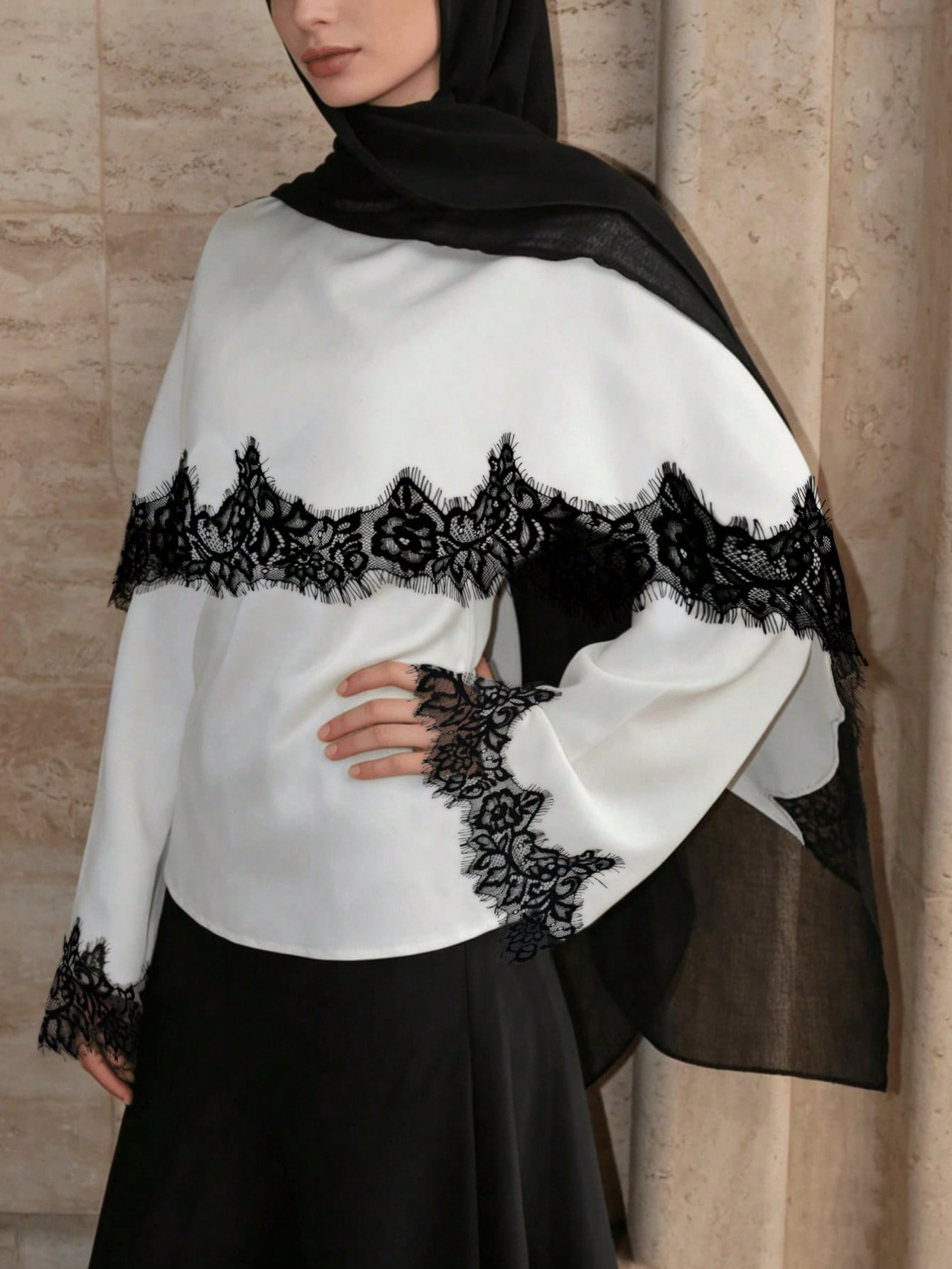 Autumn New Women's Fashion Vintage Lace Trim Spliced Simple Elegant Blouse