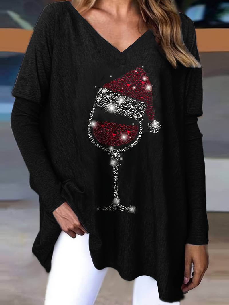 European And American Christmas Print T-shirt, Faux Two-piece, V-neck, Loose, Plus-size…