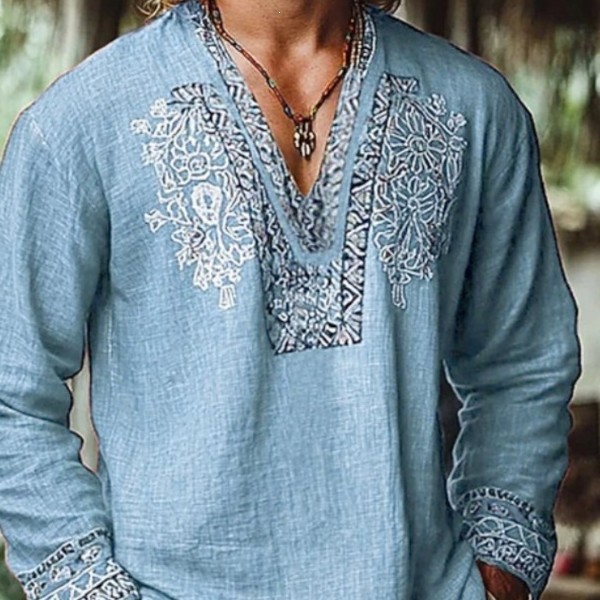 Cotton-linen Bohemian-style Printed V-neck Long-sleeve