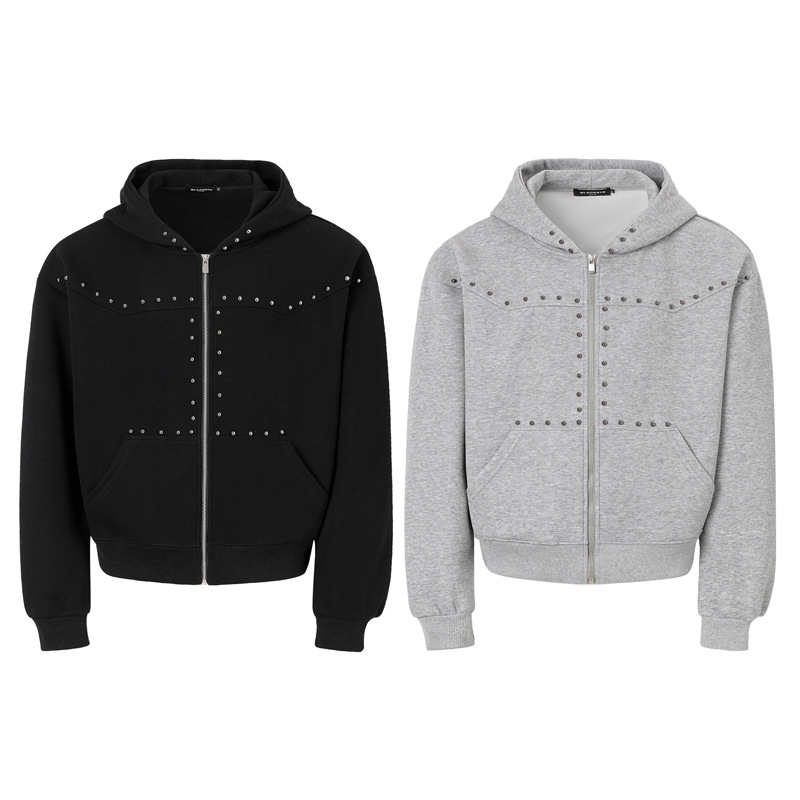 Rivet-zip Hooded Loose-fit Cropped Cardigan Unisex Jacket