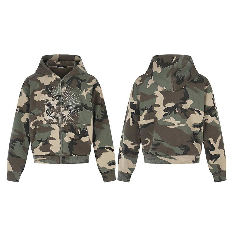 American-style Vintage Camouflage-print Zip-up Cropped Hoodie