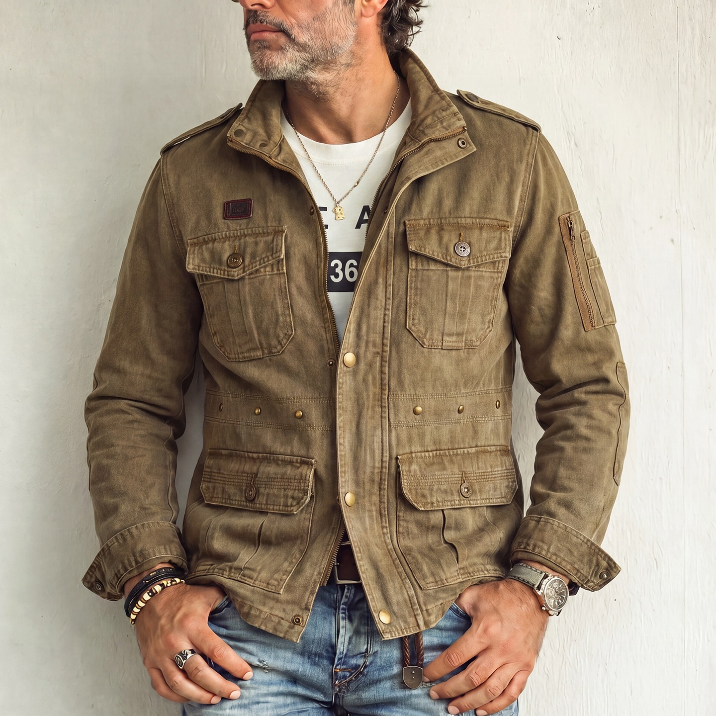 Workwear-style Loose-fitting Multi-pocket Men's Casual Cotton Jacket