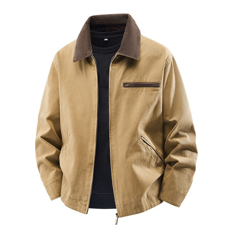 Lightweight Loose-fit Plus-size Washed Work Jacket With A Lapel Collar