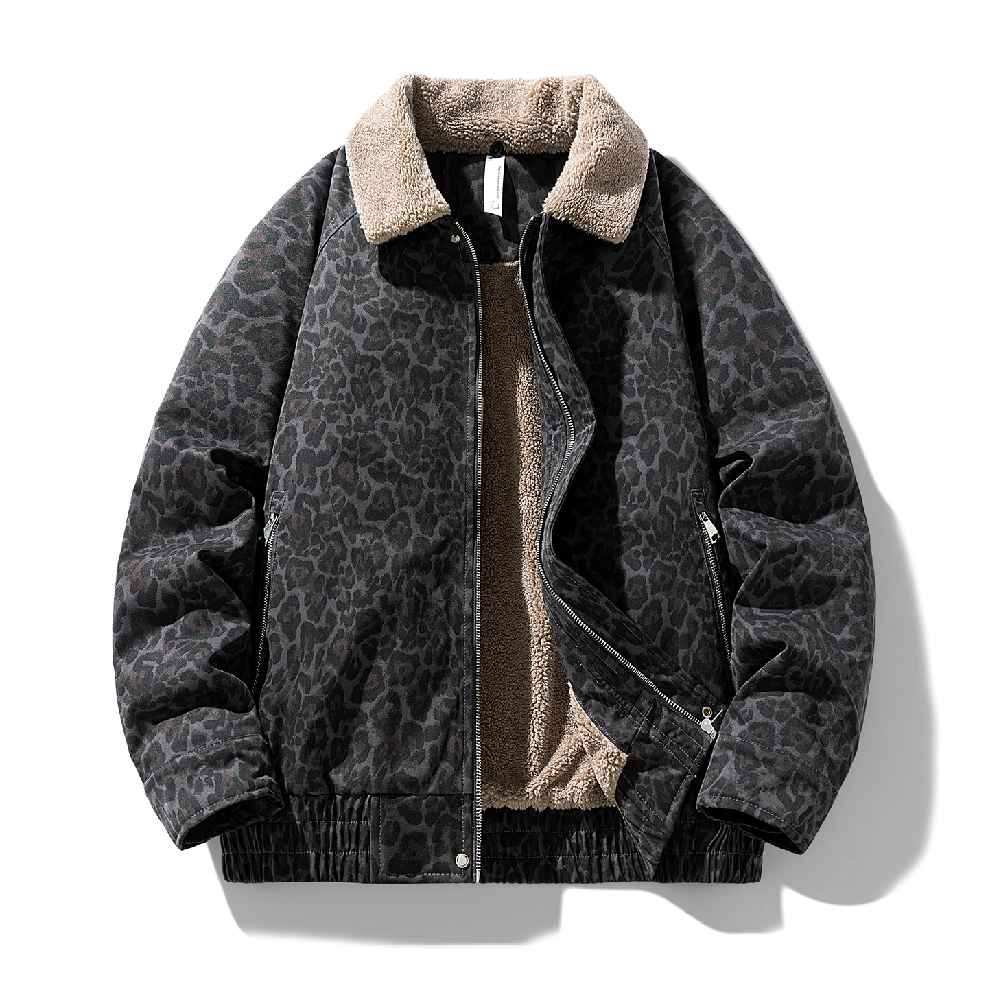 Leopard-print American-style Vintage Shearling Lapel Short Padded Warm Cotton Jacket