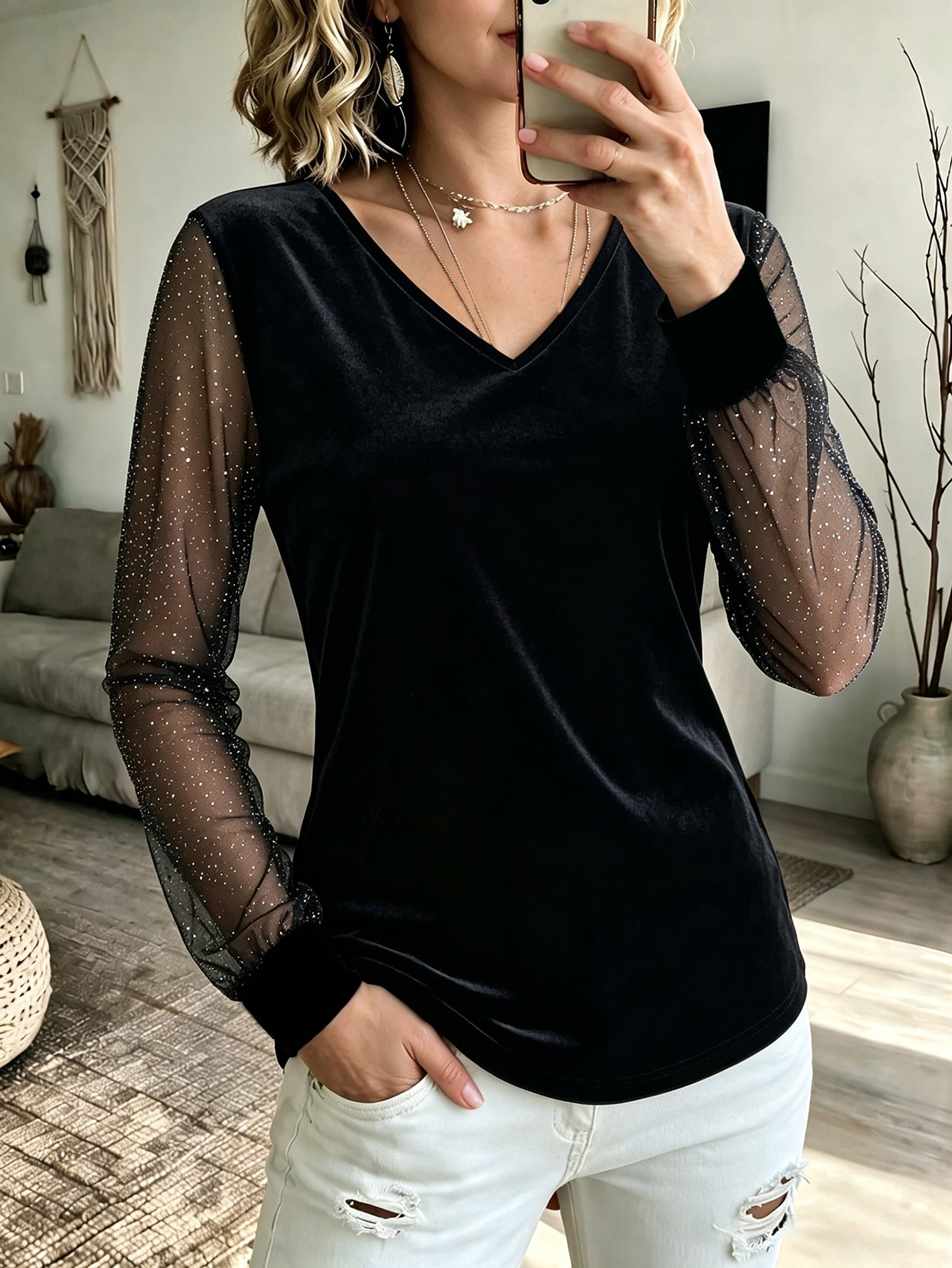 Women's Black Glitter Mesh Long Sleeve V Neck Tunic Top Sheer Sleeve Casual Blouse
