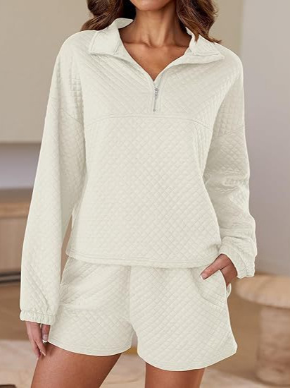 European And American New Women's Clothing Half-zip Lapel Top And Shorts Simple Casual…