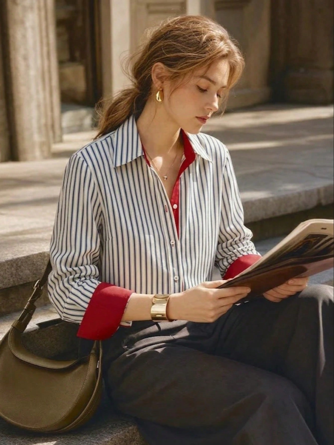 European And American Women's Autumn New Shirt, Vintage Simple Striped Color-blocking…